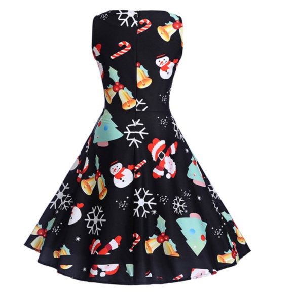 Christmas Vintage Print Fit and Flare Dress, Black - Picture 3 of 3